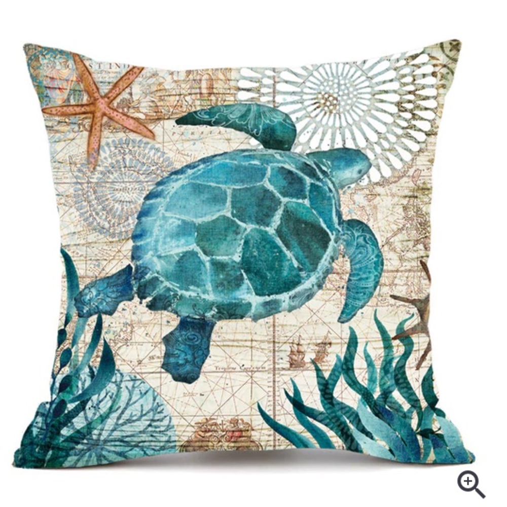 Beachy Accent throw pillow cover with sea turtle design - Picture 1 of 14